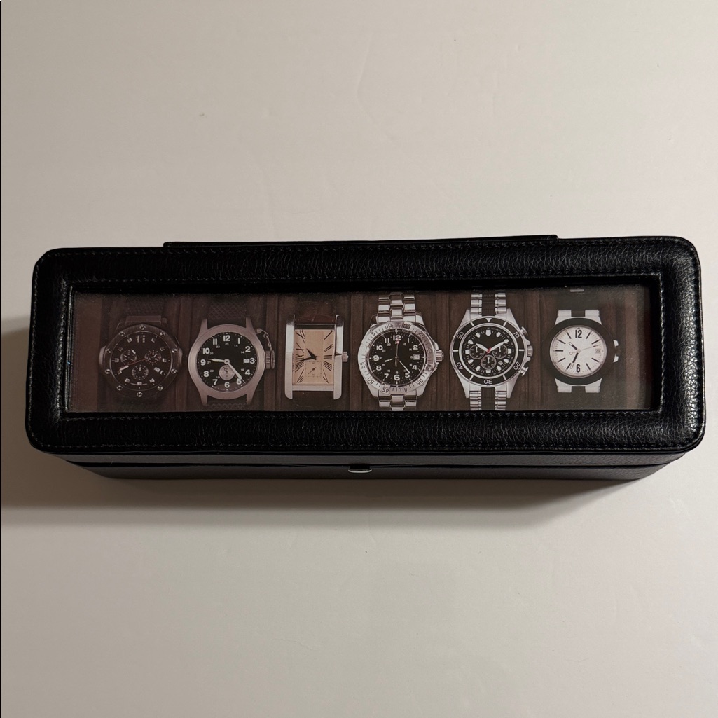 Berkshire Mens Black Faux Leather Watch Storage Case  Holds 6 Watches Nwot